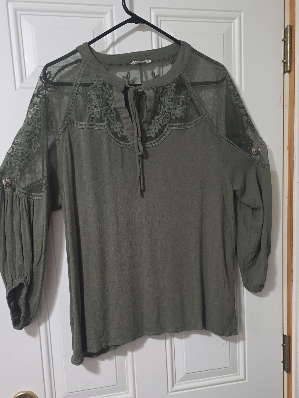 And The Why  Olive Green Embroidered Peasant Blouse